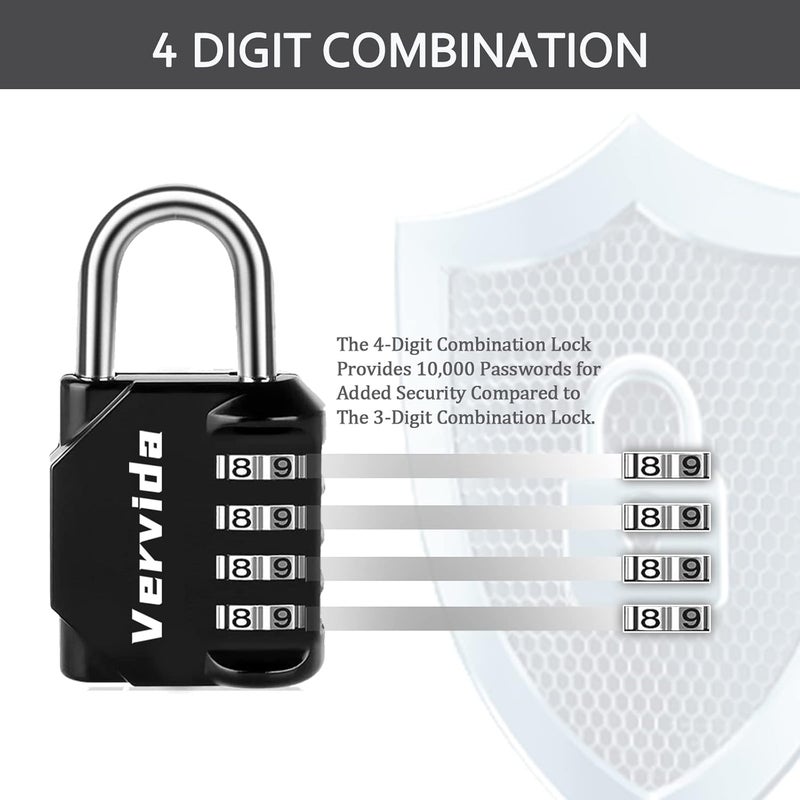 Vervida ® Combination Lock Resettable 2 Pack 4 Digit Outdoor Waterproof Combo Padlock for School Gym Locker, Sports Locker, Fence, Toolbox, Gate, Hasp Storage (Black) - Image 4
